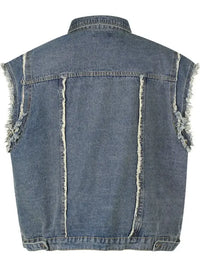 Men's Raw Hem Button Up Sleeveless Denim Jacket