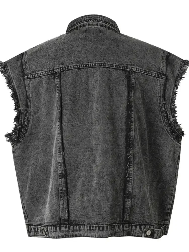 Men's Raw Hem Button Up Sleeveless Denim Jacket
