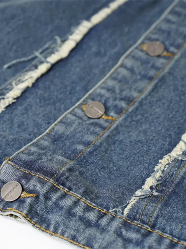 Men's Raw Hem Button Up Sleeveless Denim Jacket