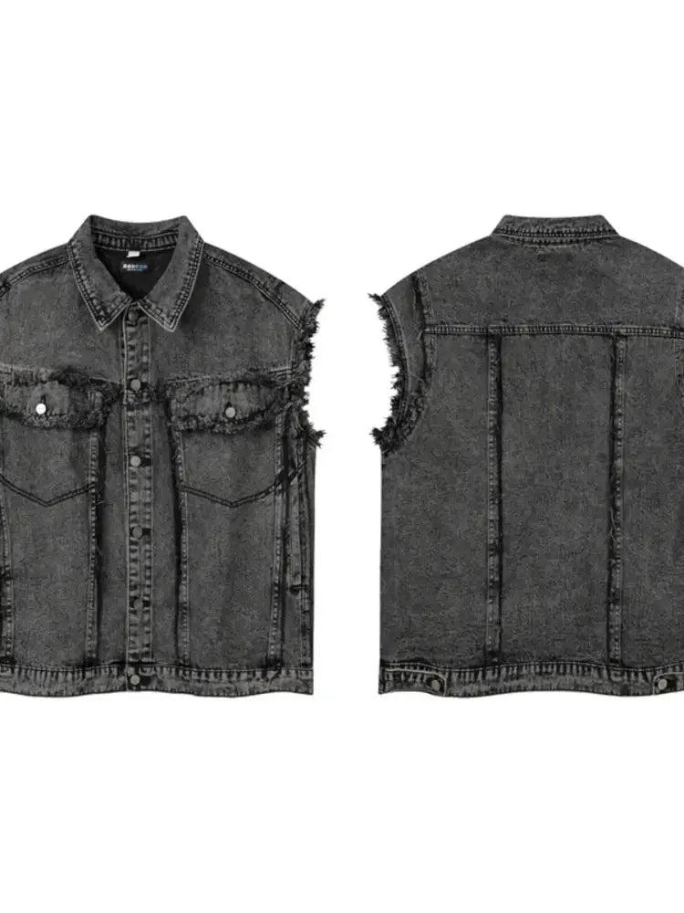 Men's Raw Hem Button Up Sleeveless Denim Jacket
