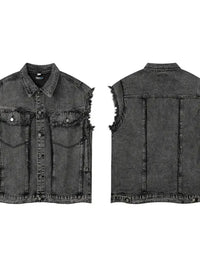 Men's Raw Hem Button Up Sleeveless Denim Jacket