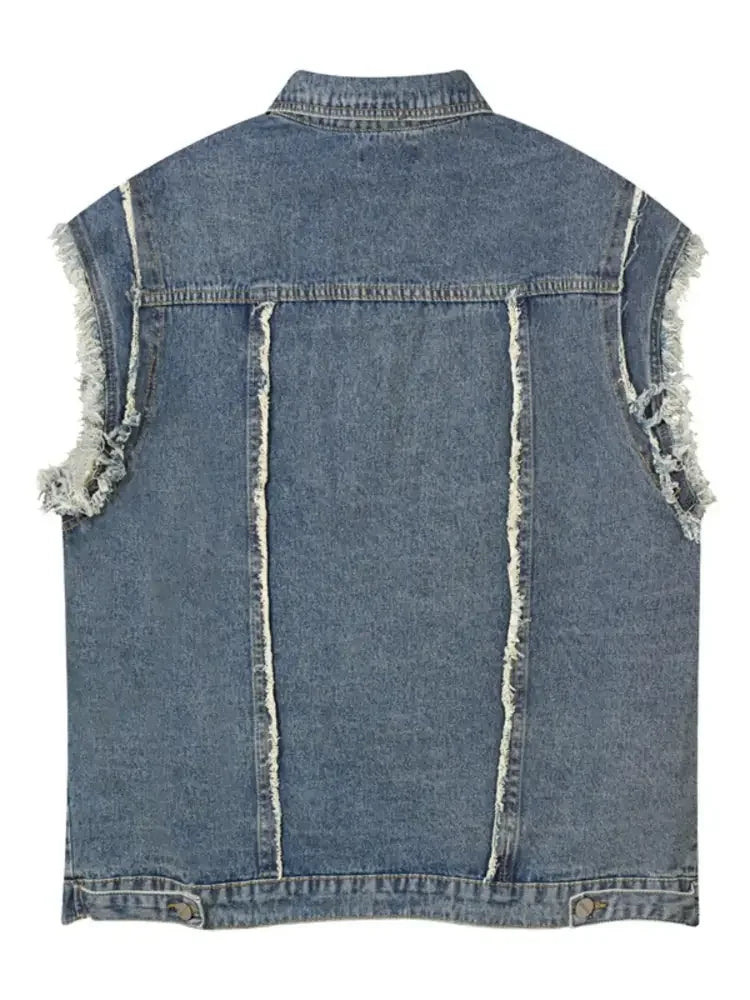 Men's Raw Hem Button Up Sleeveless Denim Jacket