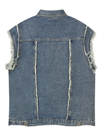 Men's Raw Hem Button Up Sleeveless Denim Jacket
