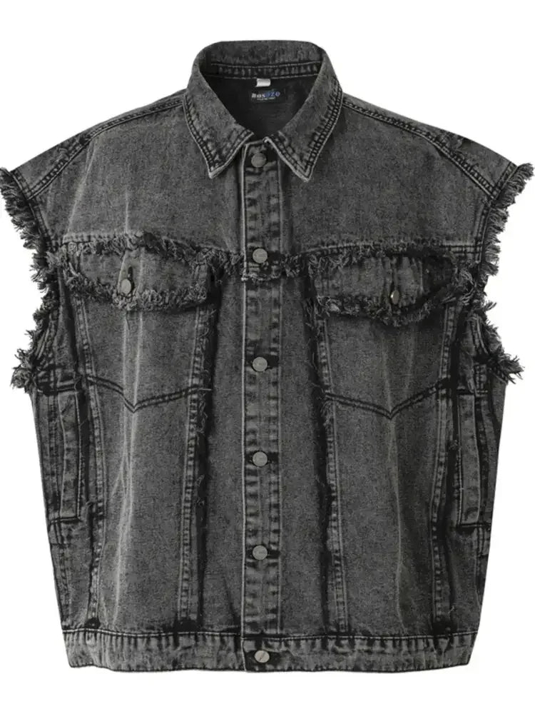 Men's Raw Hem Button Up Sleeveless Denim Jacket