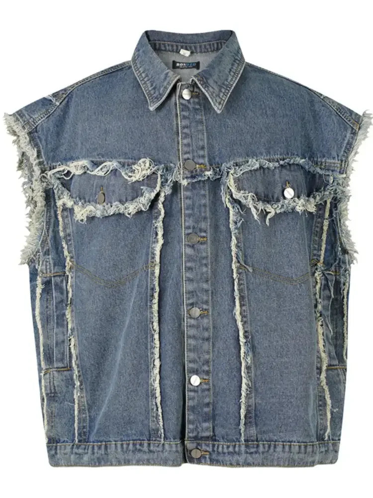 Men's Raw Hem Button Up Sleeveless Denim Jacket