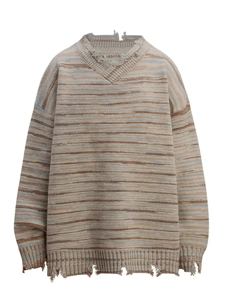 Men's Striped Frayed Hem Long Sleeve Sweater