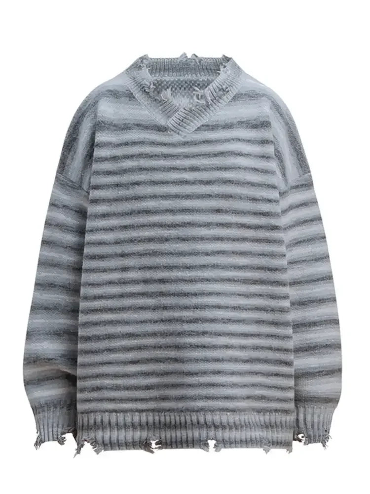 Men's Striped Frayed Hem Long Sleeve Sweater