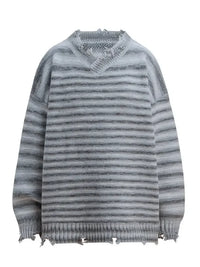 Men's Striped Frayed Hem Long Sleeve Sweater