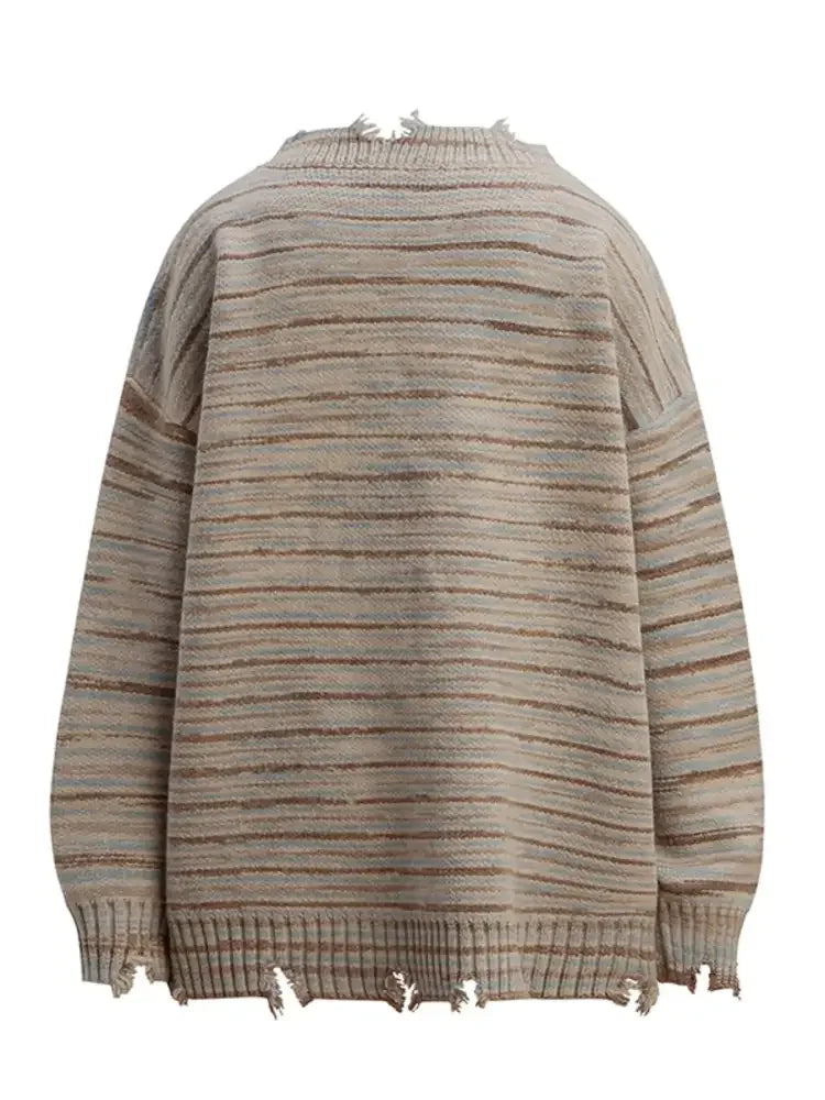 Men's Striped Frayed Hem Long Sleeve Sweater