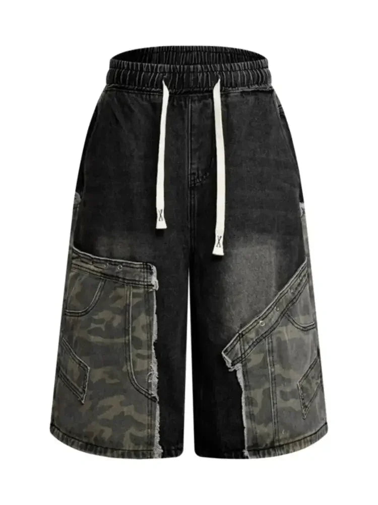 Men's Vintage Patchwork Camo Denim Shorts - Update AvenueTrendsi100400225545683100400225545683Men's Vintage Patchwork Camo Denim ShortsNostalgic Black