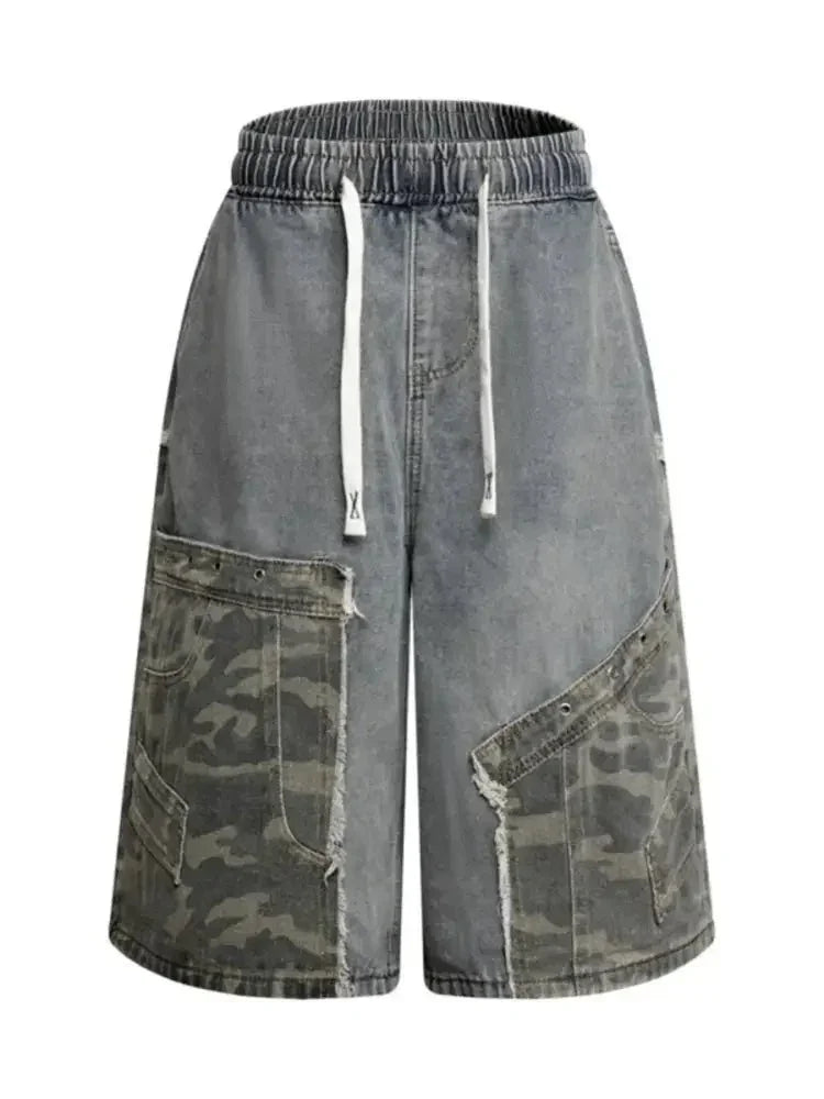 Men's Vintage Patchwork Camo Denim Shorts - Update AvenueTrendsi100400225547194100400225547194Men's Vintage Patchwork Camo Denim ShortsNostalgic Blue