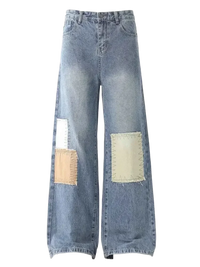 Light blue vintage patchwork wide leg jeans with contrasting fabric patches for men