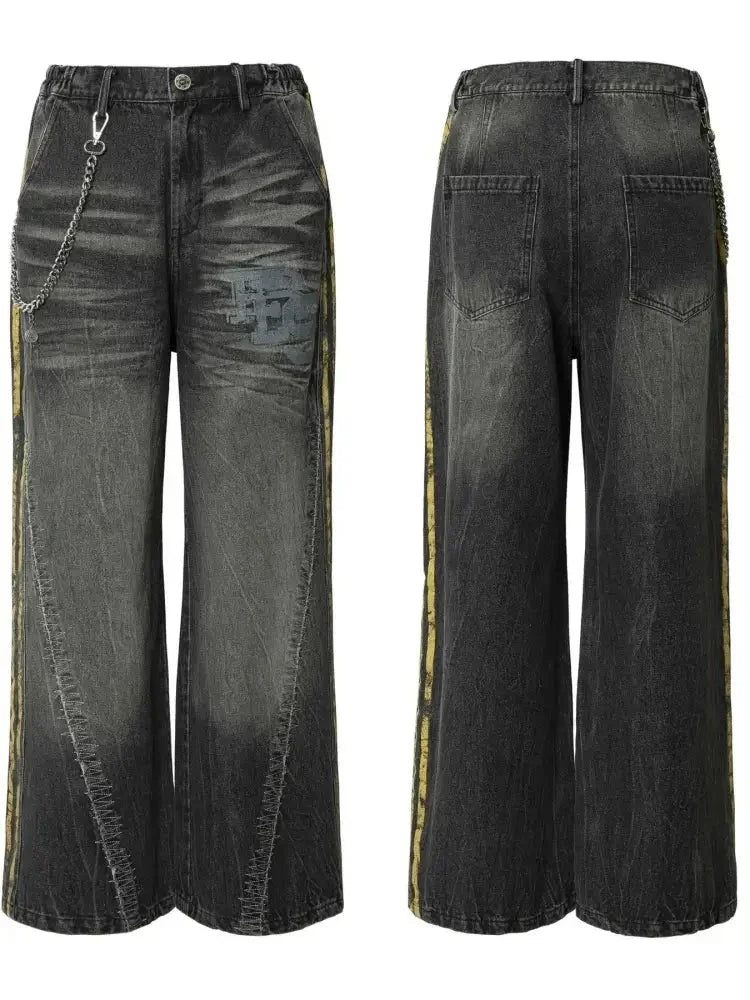 Men's Vintage Washed Wide Leg Jeans with Chain Detail - Update AvenueTrendsi100400573763134100400573763134Men's Vintage Washed Wide Leg Jeans with Chain DetailLava Black