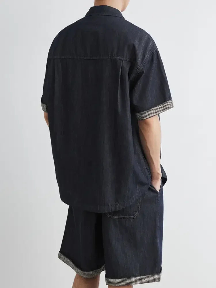 Men's Wash Short Sleeve Top and Shorts Denim Set