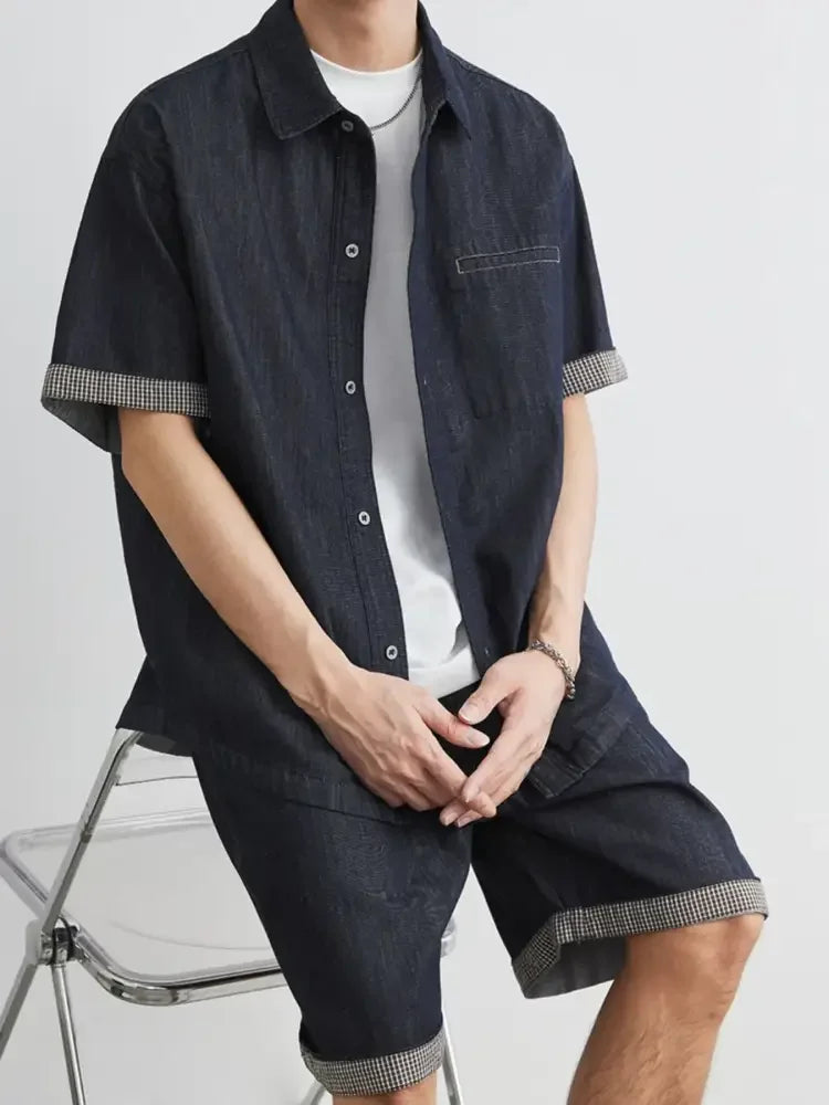 Men's Wash Short Sleeve Top and Shorts Denim Set