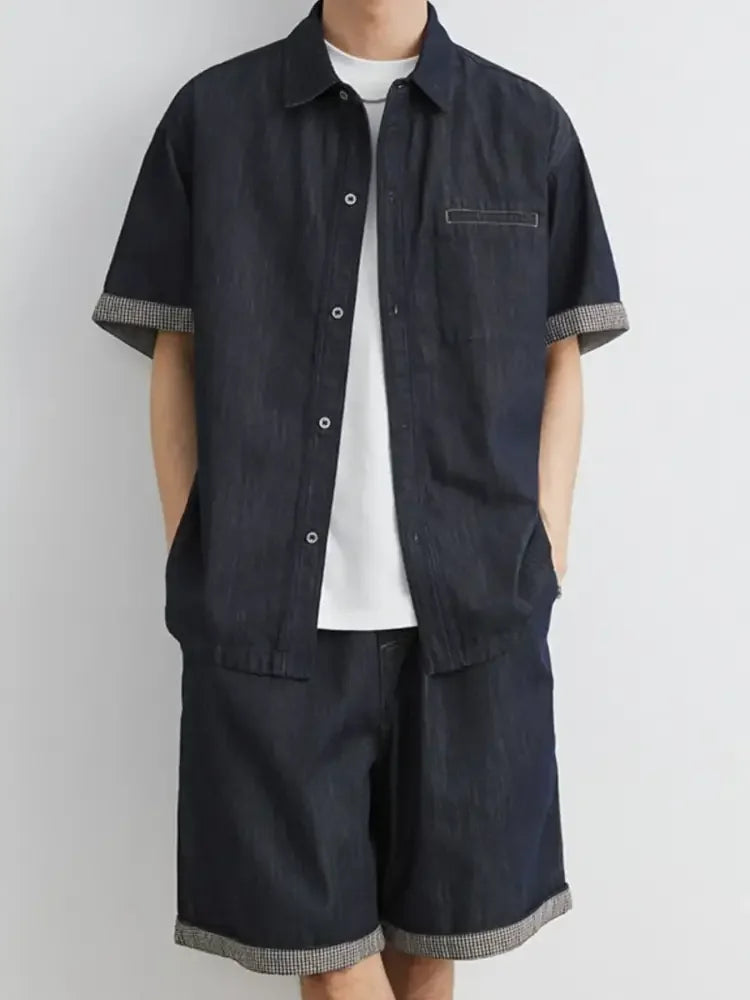 Men's Wash Short Sleeve Top and Shorts Denim Set