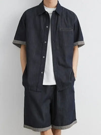 Men's Wash Short Sleeve Top and Shorts Denim Set
