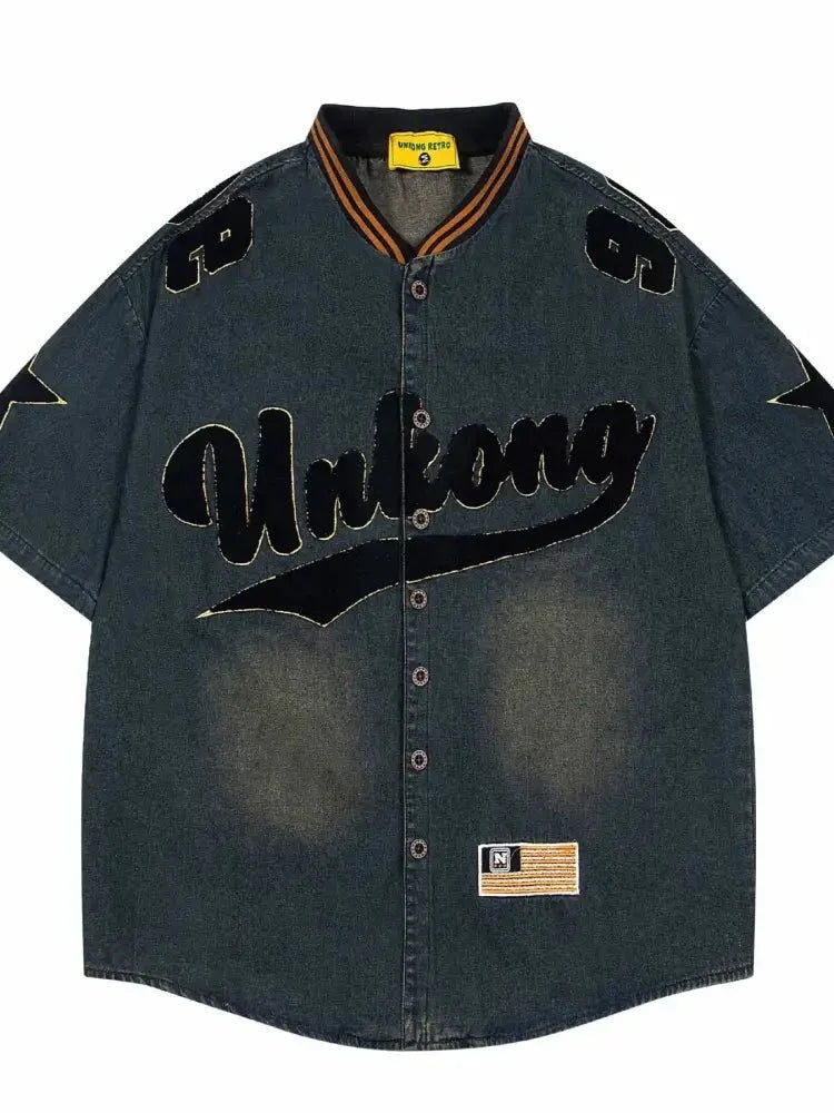 Men's Washed Baseball Collar Denim Shirt with Embroidered Detail - Update AvenueTrendsi100400601643671100400601643671Men's Washed Baseball Collar Denim Shirt with Embroidered DetailDark