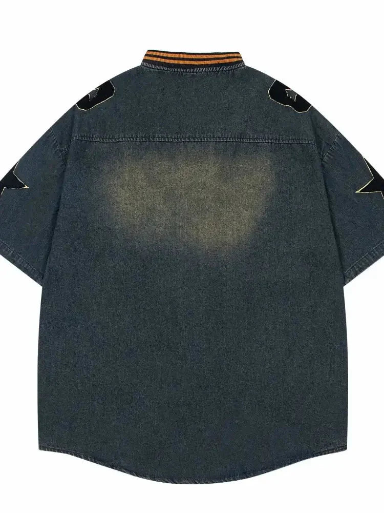Men's Washed Baseball Collar Denim Shirt with Embroidered Detail - Update AvenueTrendsi100400601643671100400601643671Men's Washed Baseball Collar Denim Shirt with Embroidered DetailDark