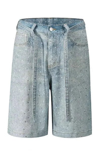Men's Washed Rhinestone Denim Bermuda Shorts