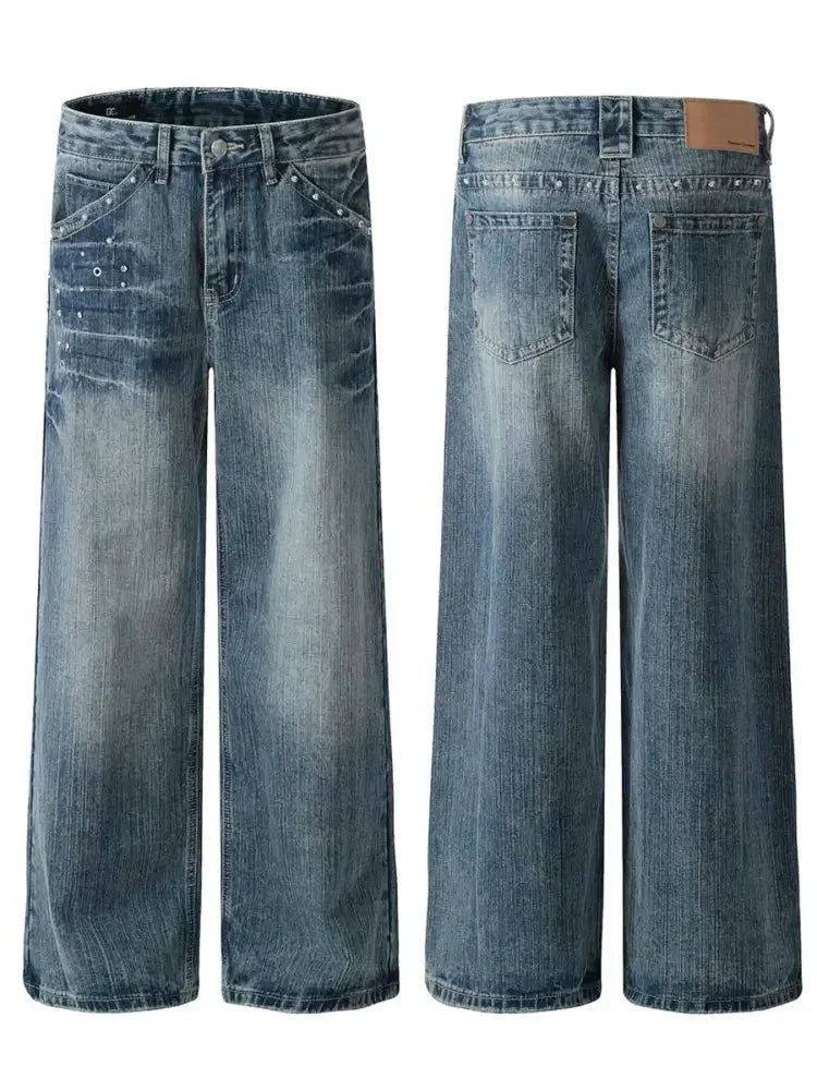 Men's Washed Straight Jeans with Studded Decor - Update AvenueTrendsi100400272050188100400272050188Men's Washed Straight Jeans with Studded DecorBlue