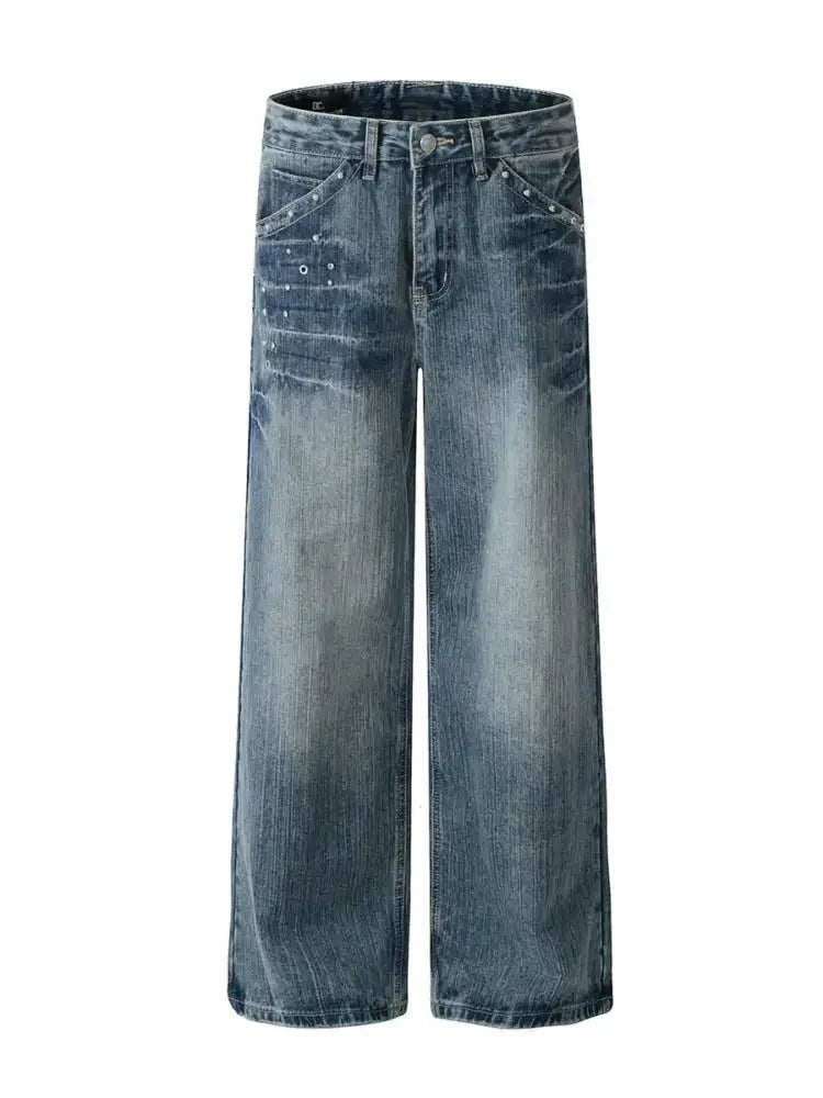 Men's Washed Straight Jeans with Studded Decor - Update AvenueTrendsi100400272050188100400272050188Men's Washed Straight Jeans with Studded DecorBlue