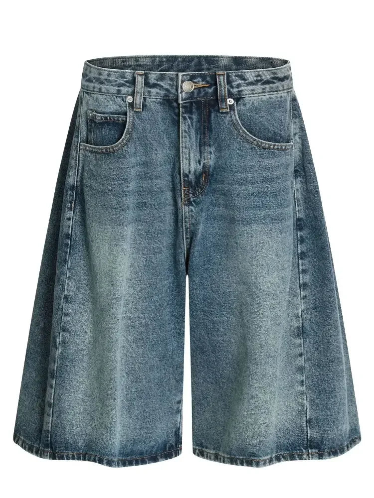 Men's Washed Wide-Leg Denim Shorts