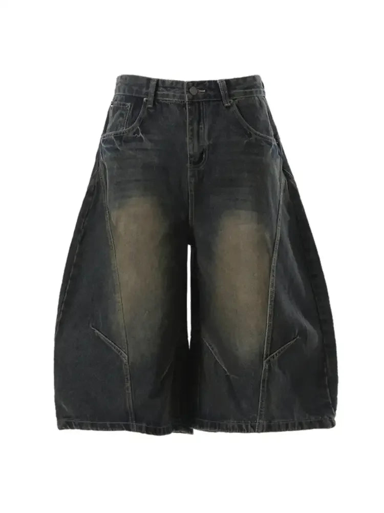 Men's Washed Wide Leg Denim Shorts