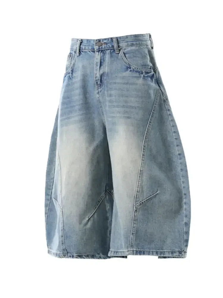 Men's Washed Wide Leg Denim Shorts