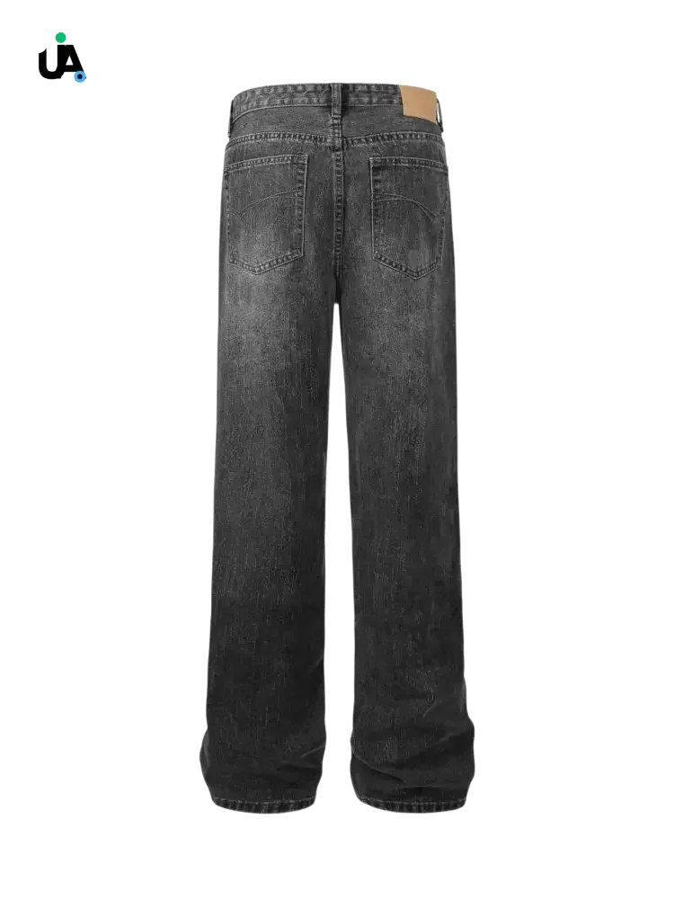 Men’s washed wide leg jeans with light brown patch on back waistband, stylish wide leg jeans