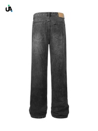 Men’s washed wide leg jeans with light brown patch on back waistband, stylish wide leg jeans