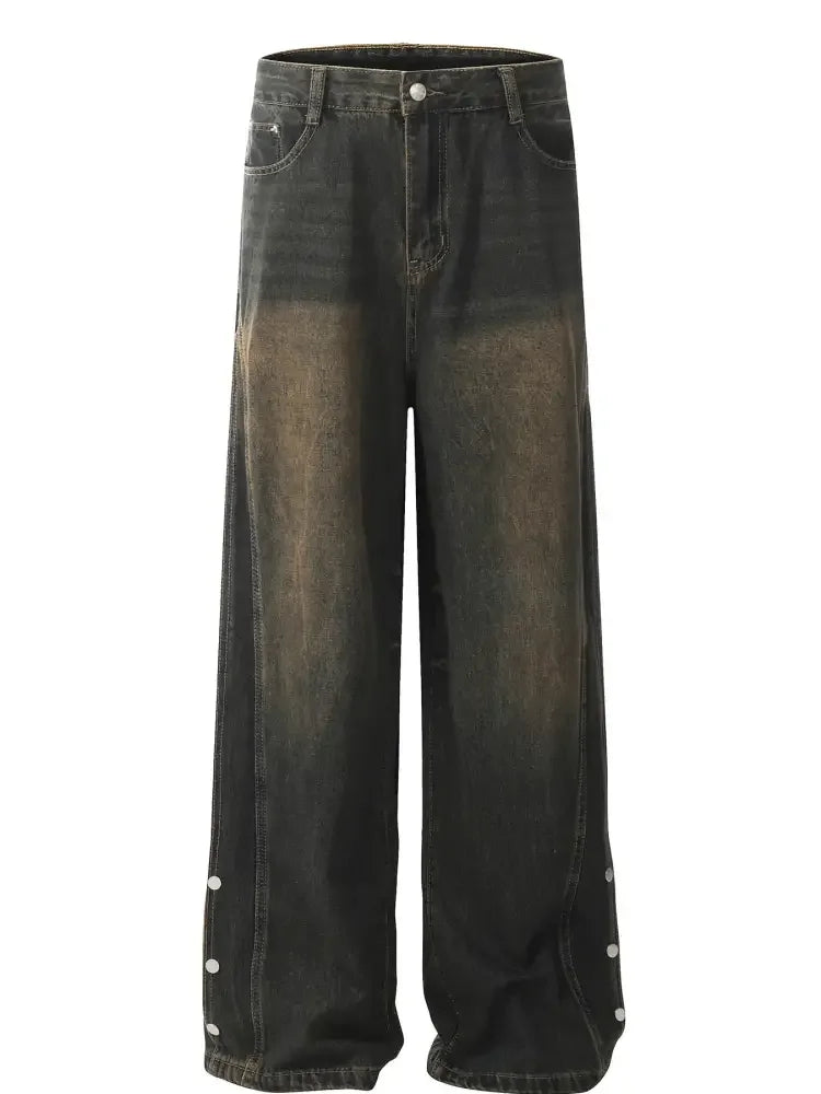 Men's Washed Wide Leg Jeans with Side Button Details