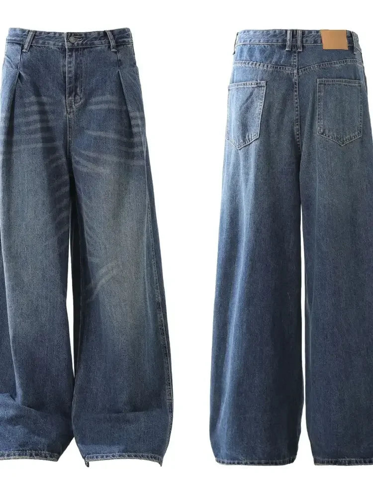 Men's Washed Wide Leg Pleated Jeans