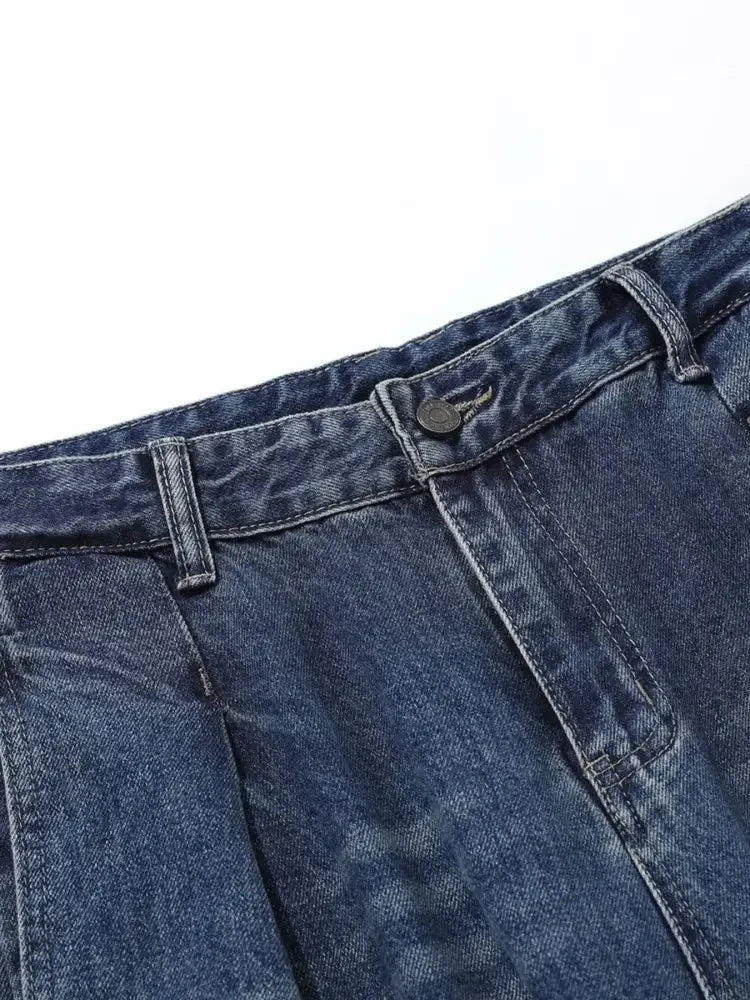 Men's Washed Wide Leg Pleated Jeans