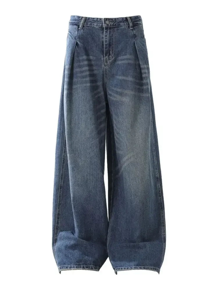 Men's Washed Wide Leg Pleated Jeans