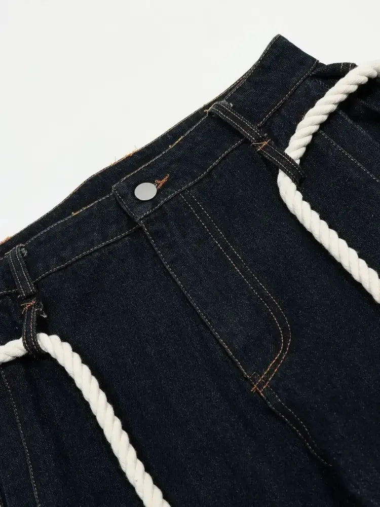 Men's Wide Leg Baggy Jeans with Rope Belt Details