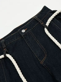 Men's Wide Leg Baggy Jeans with Rope Belt Details