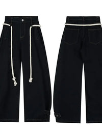 Men's Wide Leg Baggy Jeans with Rope Belt Details