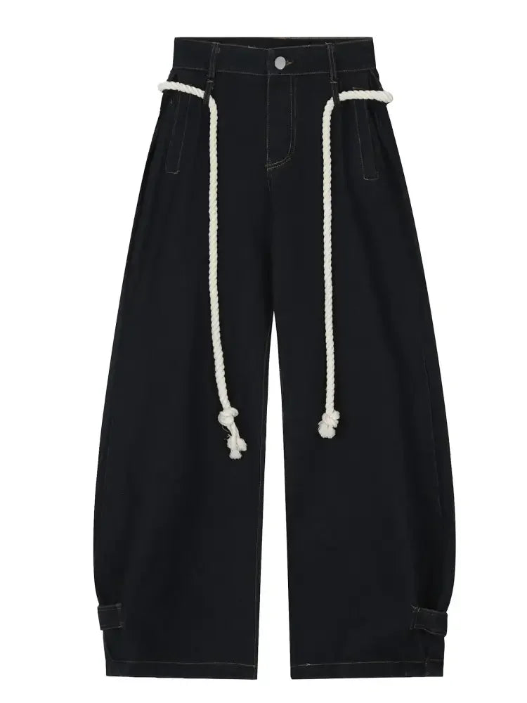 Men's Wide Leg Baggy Jeans with Rope Belt Details