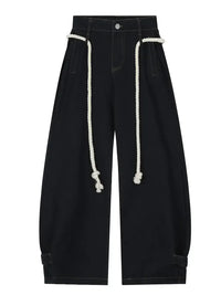 Men's Wide Leg Baggy Jeans with Rope Belt Details