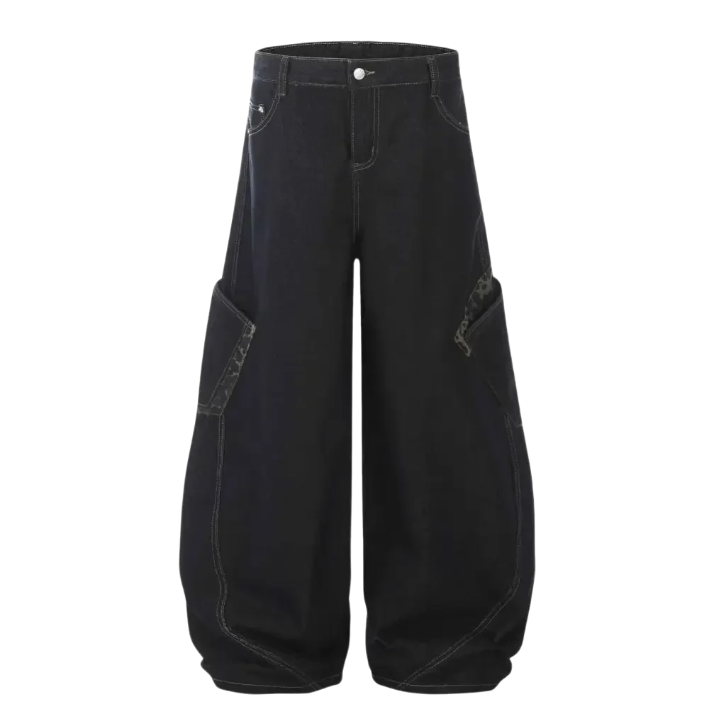 Black wide leg cargo pants with white contrast stitching, ideal for men’s wide leg cargo jeans