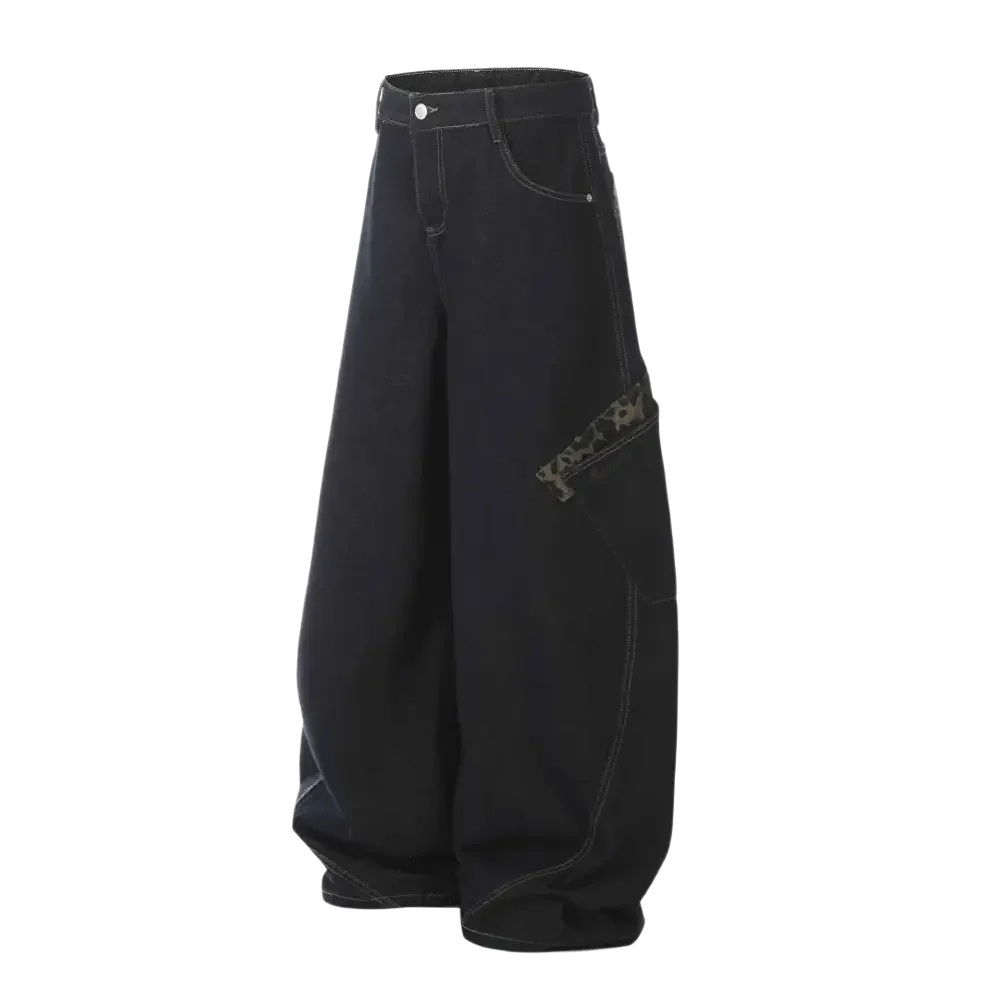Dark denim wide leg cargo jeans with subtle embroidery on the right hip