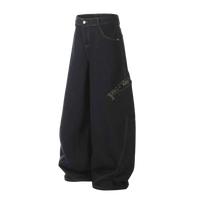 Dark denim wide leg cargo jeans with subtle embroidery on the right hip