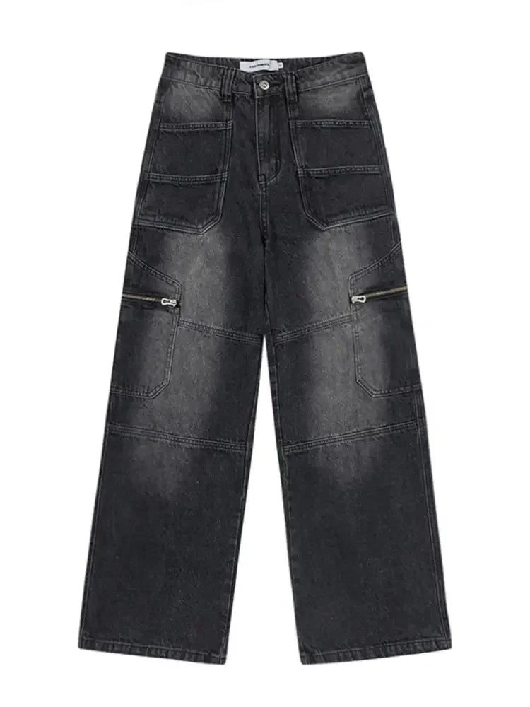Men's Wide Leg Cargo Pocket Vintage Washed Jeans