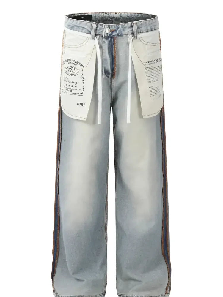 Men's Wide-Leg Denim Jeans with Contrast Piping