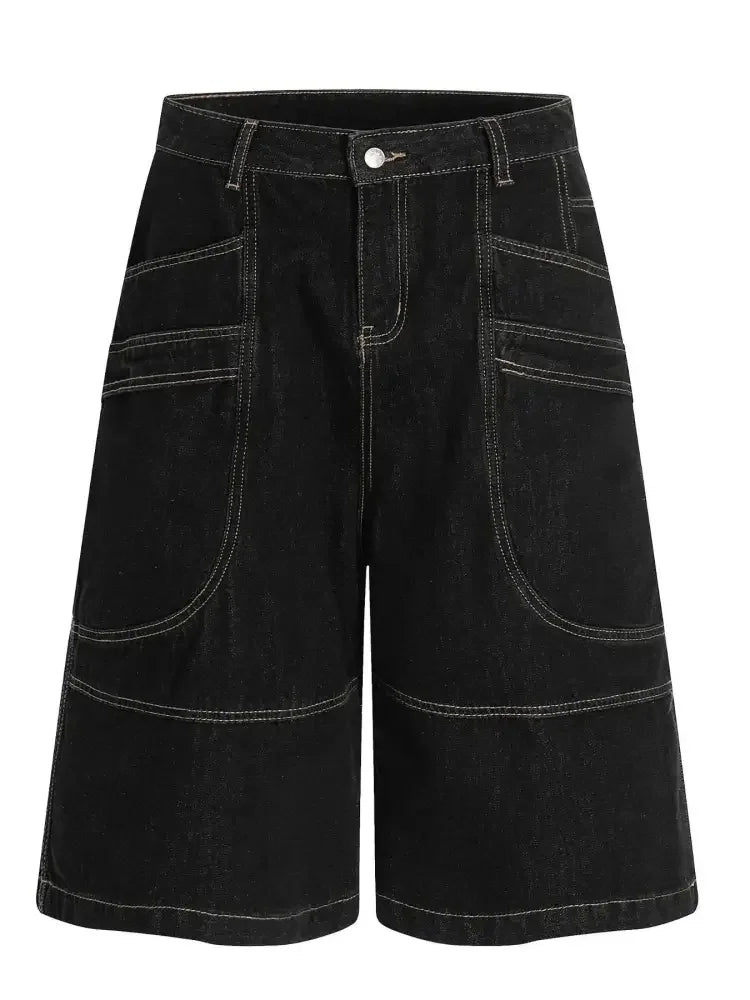 Men's Wide-Leg Denim Shorts with Contrast Stitching