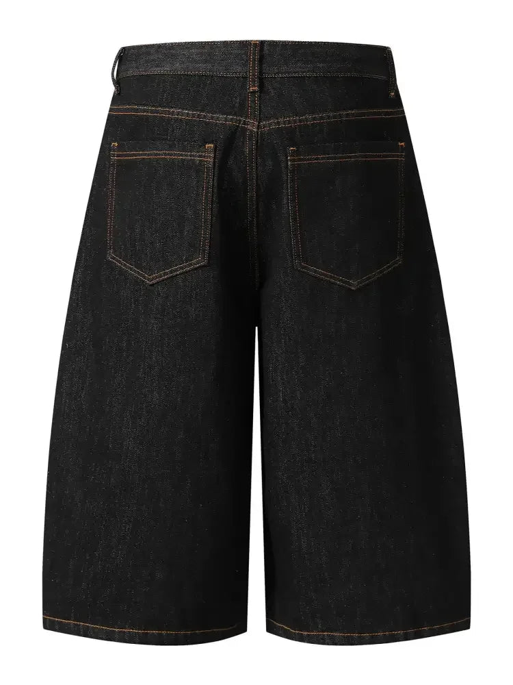 Men's Wide Leg Denim Shorts with Embroidered Pocket Detail