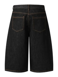 Men's Wide Leg Denim Shorts with Embroidered Pocket Detail