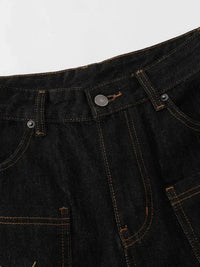 Men's Wide Leg Denim Shorts with Embroidered Pocket Detail