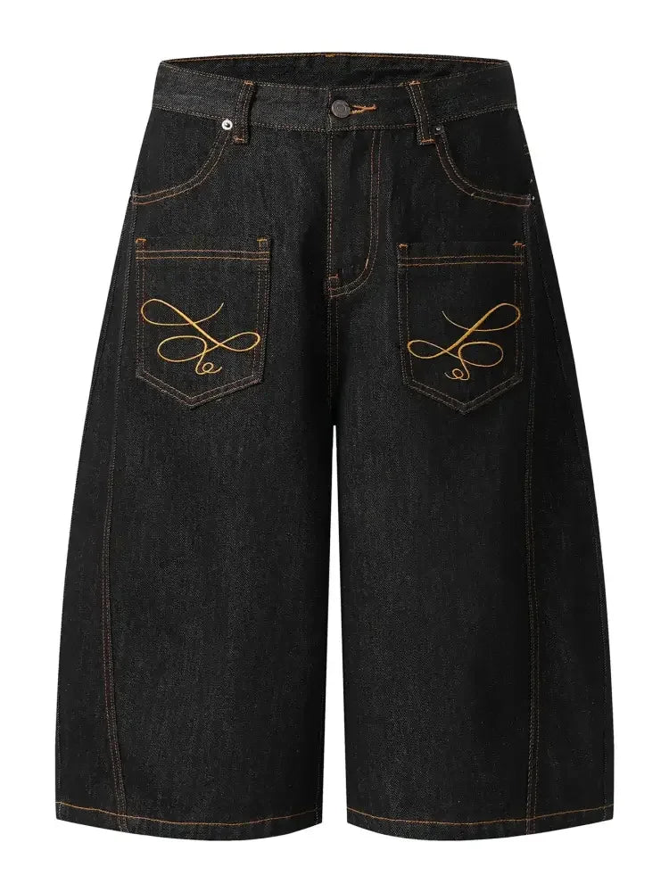 Men's Wide Leg Denim Shorts with Embroidered Pocket Detail
